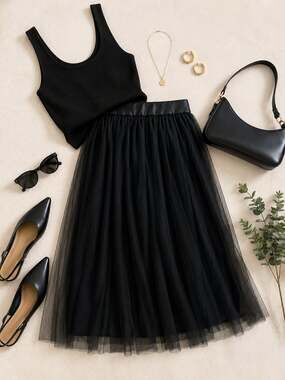 Baluoke  Black Tulle Pleated Midi Skirt with Elastic Waist Sz XS